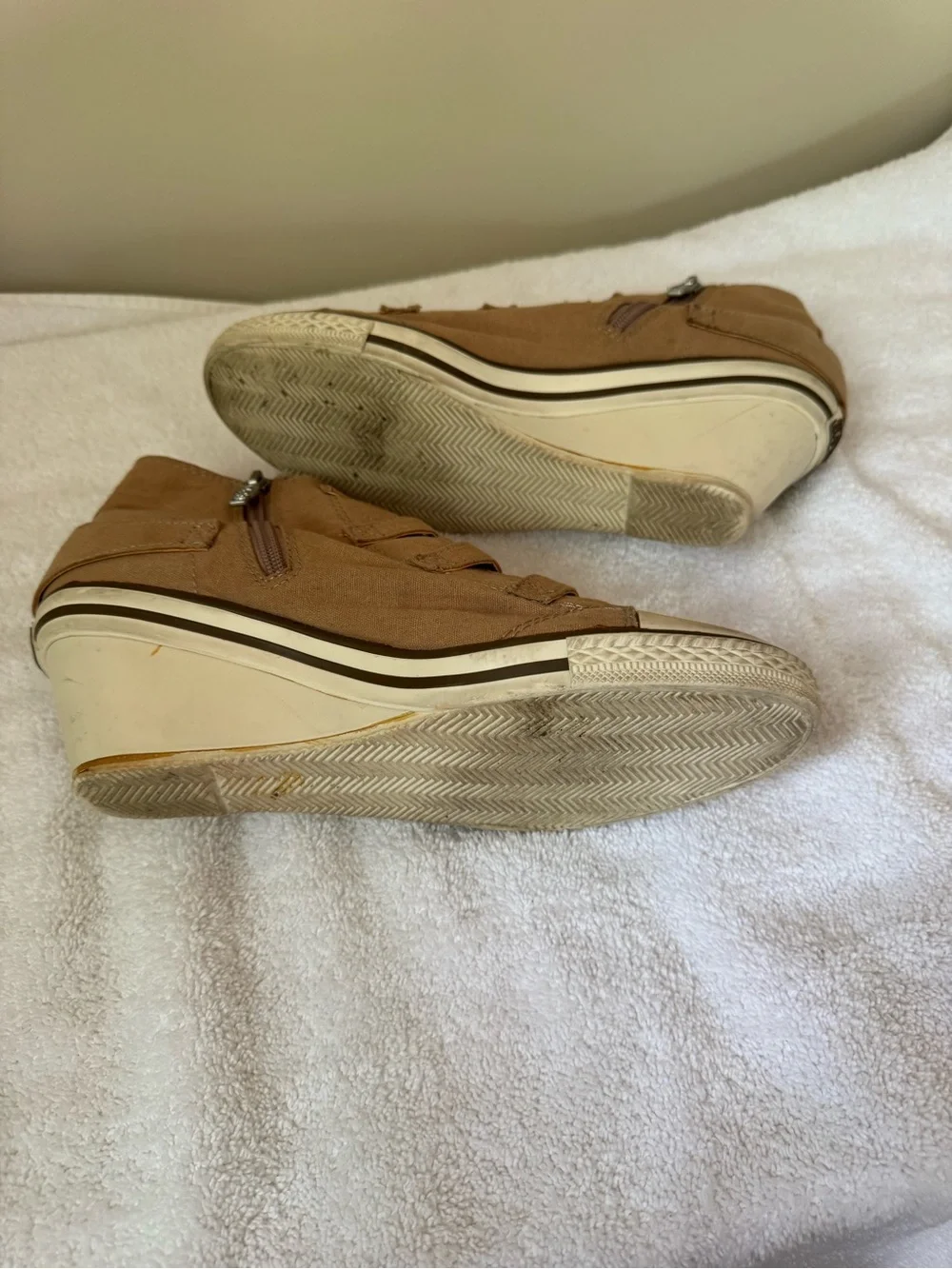 Ash Unlimited Thelma Tan Canvas Wedge High-Top Sneakers with Buckle Straps